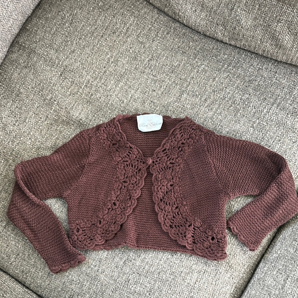 ✨ Rare Editions Girls Brown Cropped Shrug Cardigan ✨ size 10/12 Large